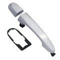 Chrome exterior door handle with gasket pad and black mounting insert, detached pieces shown