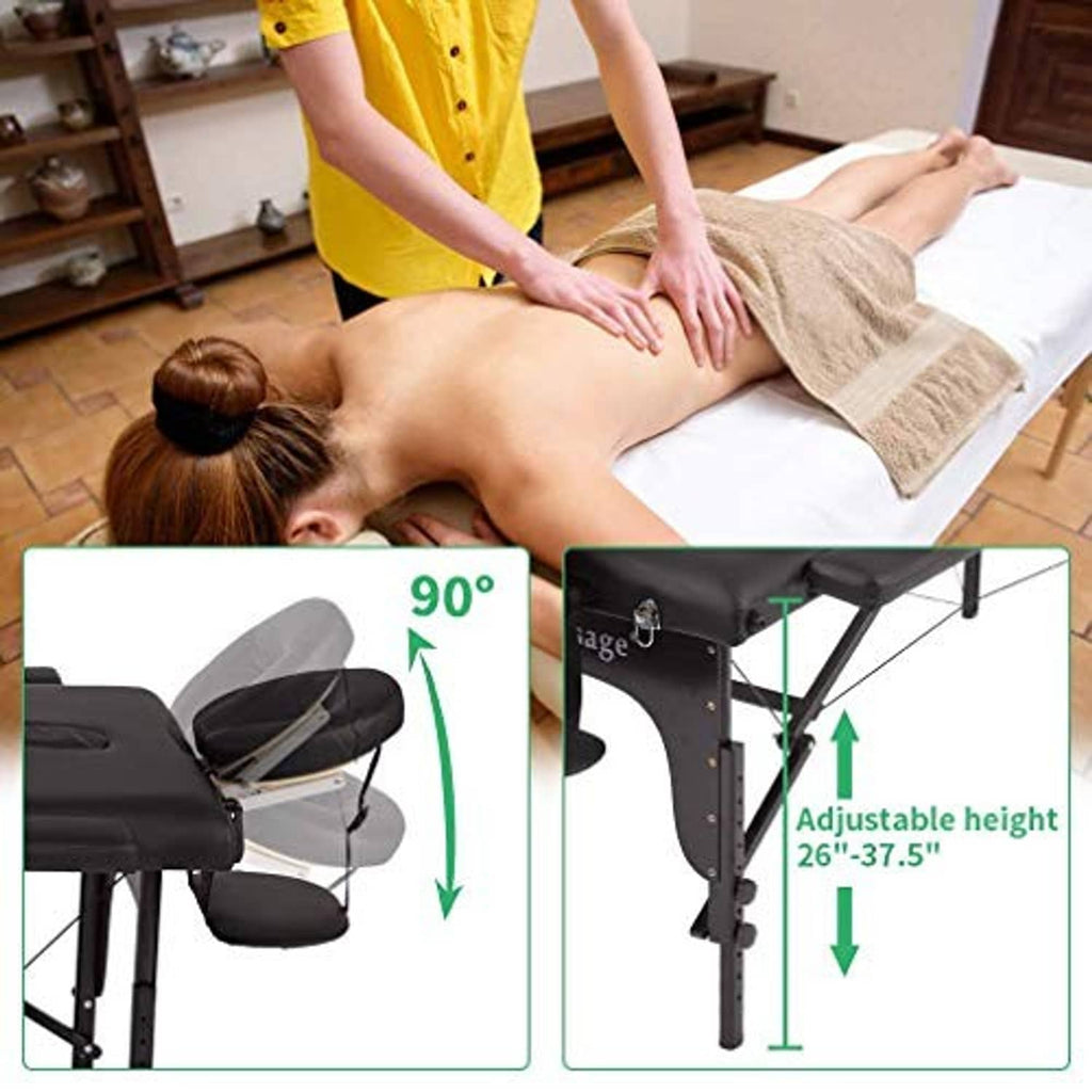 Black portable massage table with side armrest and adjustable height legs