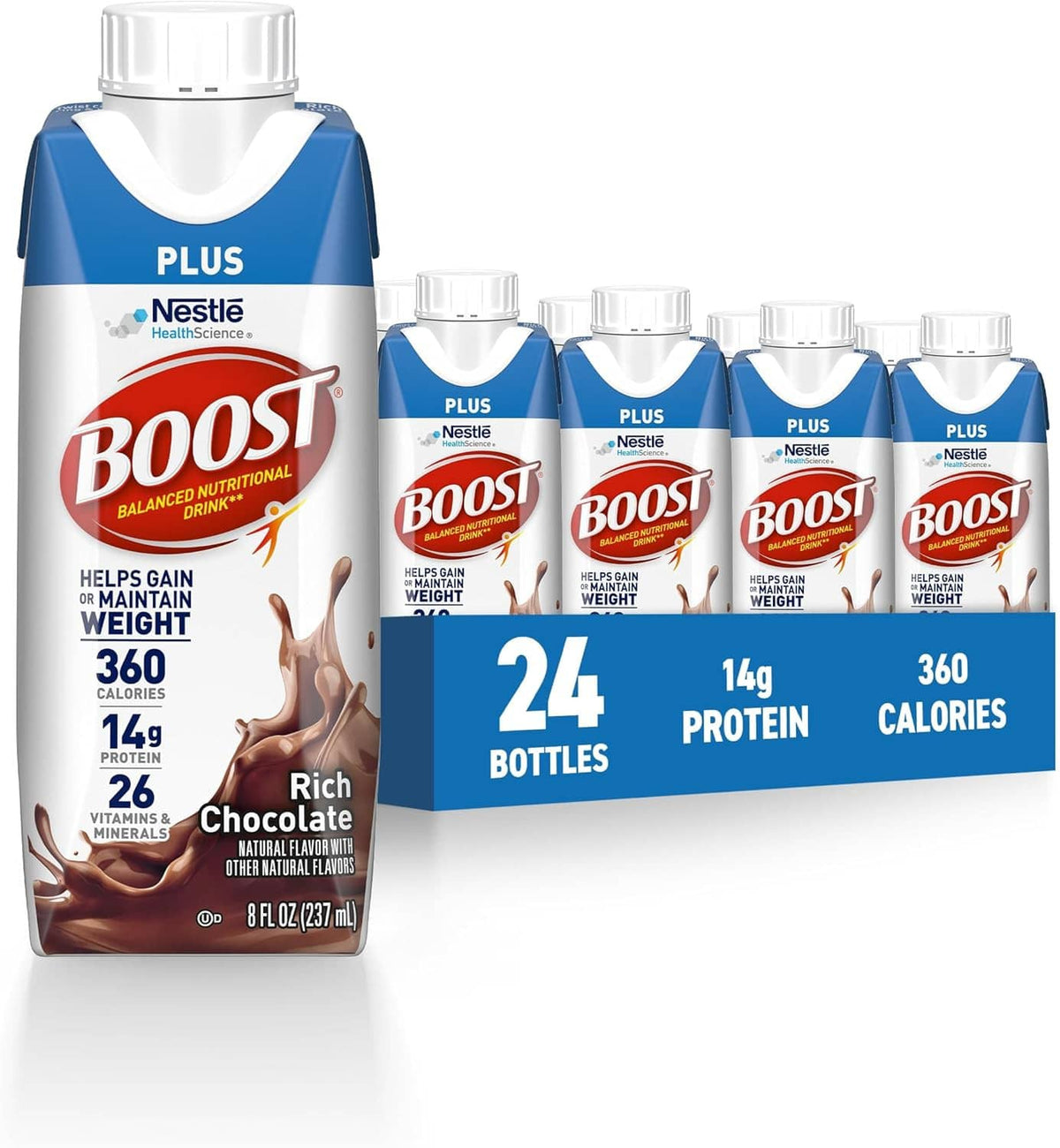 Rich chocolate nutritional drink with white cap, blue label, single 8 fl oz carton.