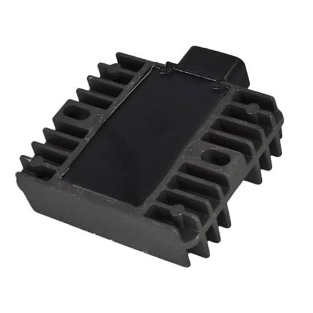 Black voltage regulator rectifier with cooling fins and top terminal block