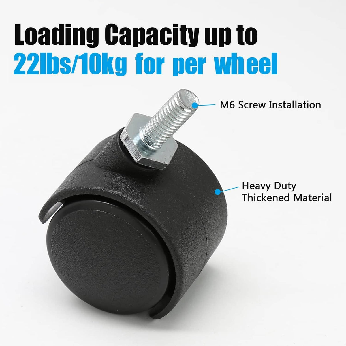 Black heavy-duty caster wheel with M6 screw stem and thick rubber wheel