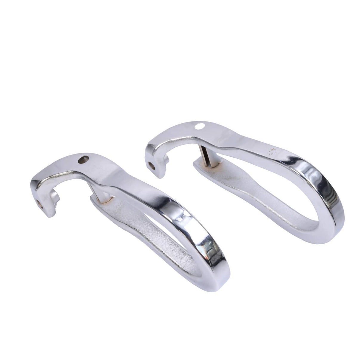 Pair of chrome tow hook brackets with oval loops and mounting holes