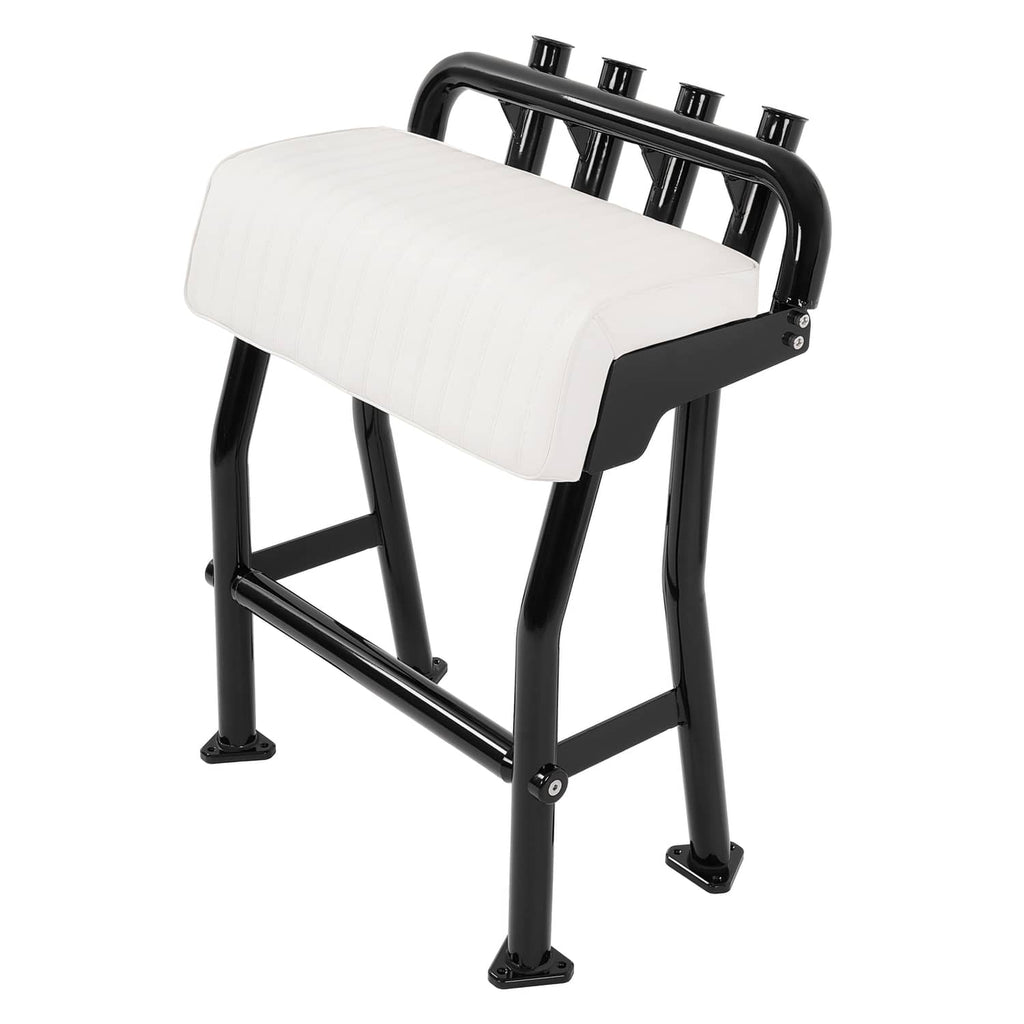 Leaning post boat seat with white cushion, black frame, and four rod holders