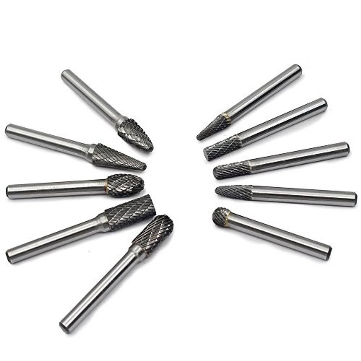 Tungsten carbide burr set arranged in two rows of double-cut rotary bits