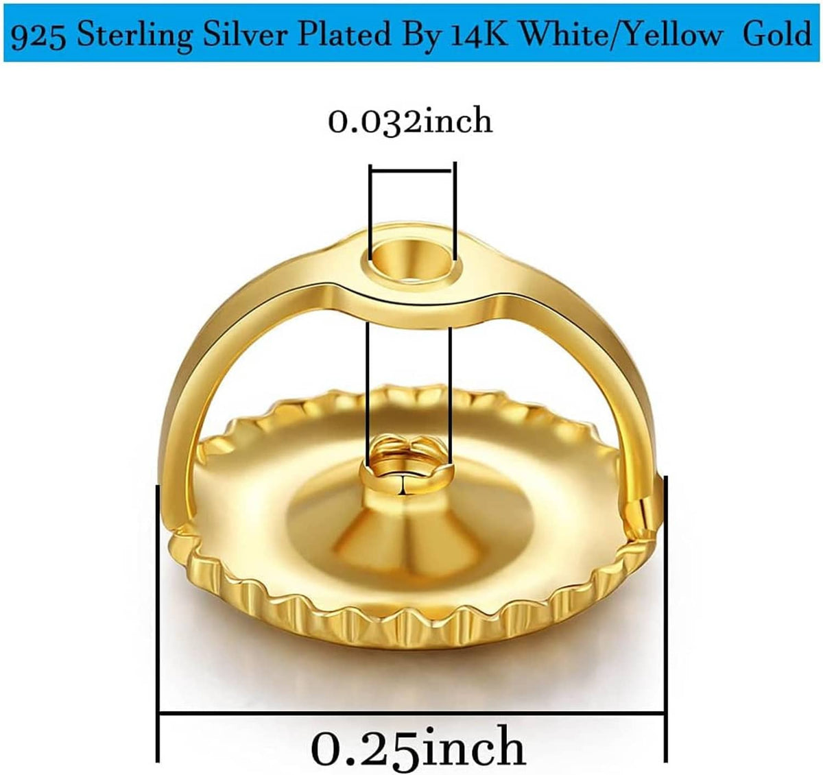 Gold-tone screw earring back with central loop and threaded post, stamped 925