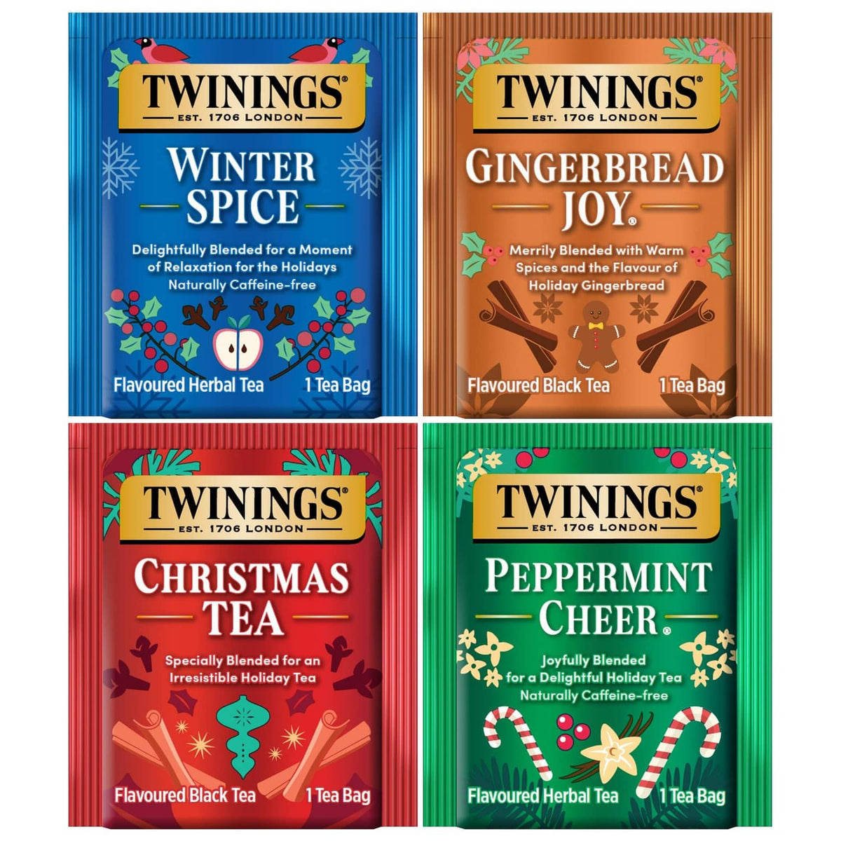 Twinings holiday tea bag boxes: Winter Spice, Gingerbread Joy, Christmas Tea, Peppermint Cheer