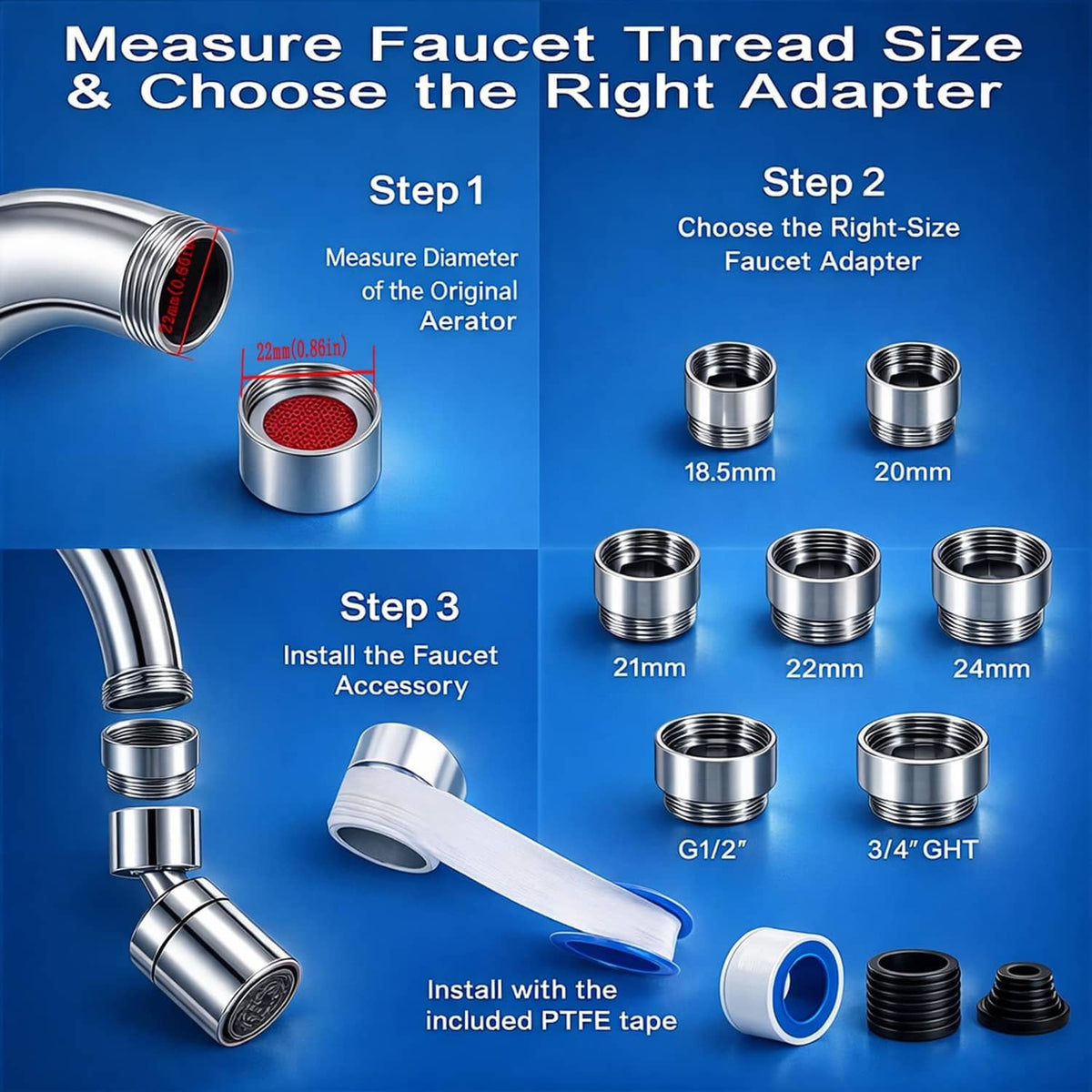 Faucet thread adapter kit with threaded couplers and PTFE tape accessory