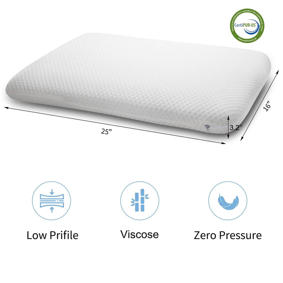 Flat white memory foam pillow, 25 x 3.2 in profile view with CertiPUR-US seal.
