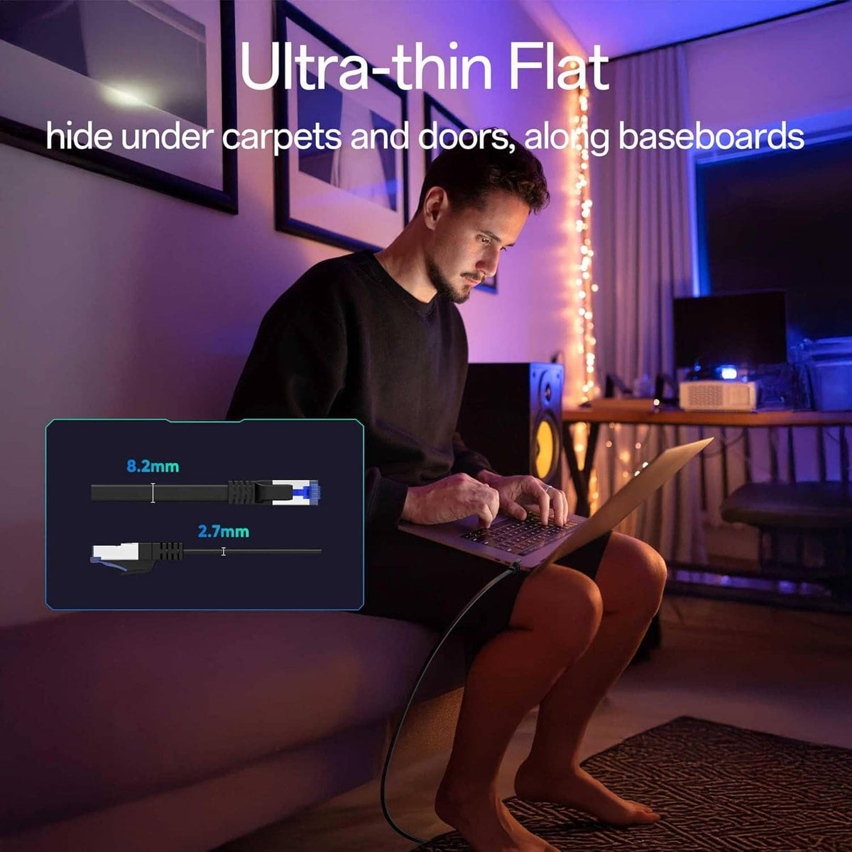 Ultra-thin flat Cat8 Ethernet cable with RJ45 ends, designed to sit low under doors