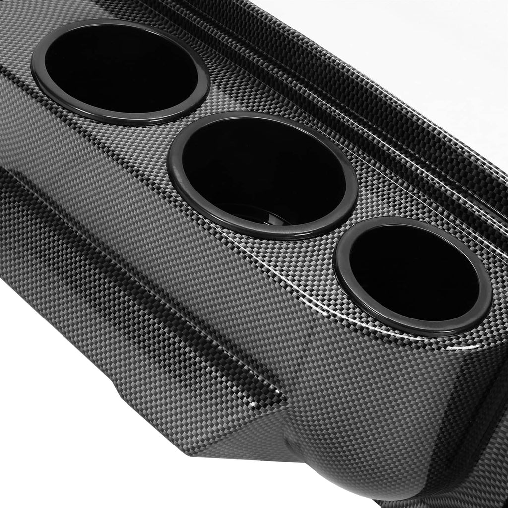 Carbon fiber dash cover close-up of three circular cup holder openings