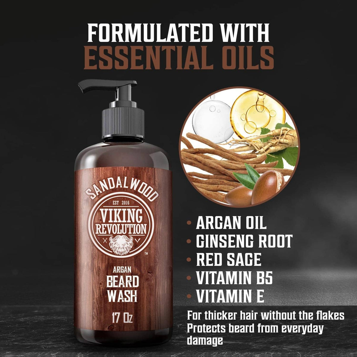 Argan Beard Wash bottle with pump, 17 oz; ingredients callout graphic