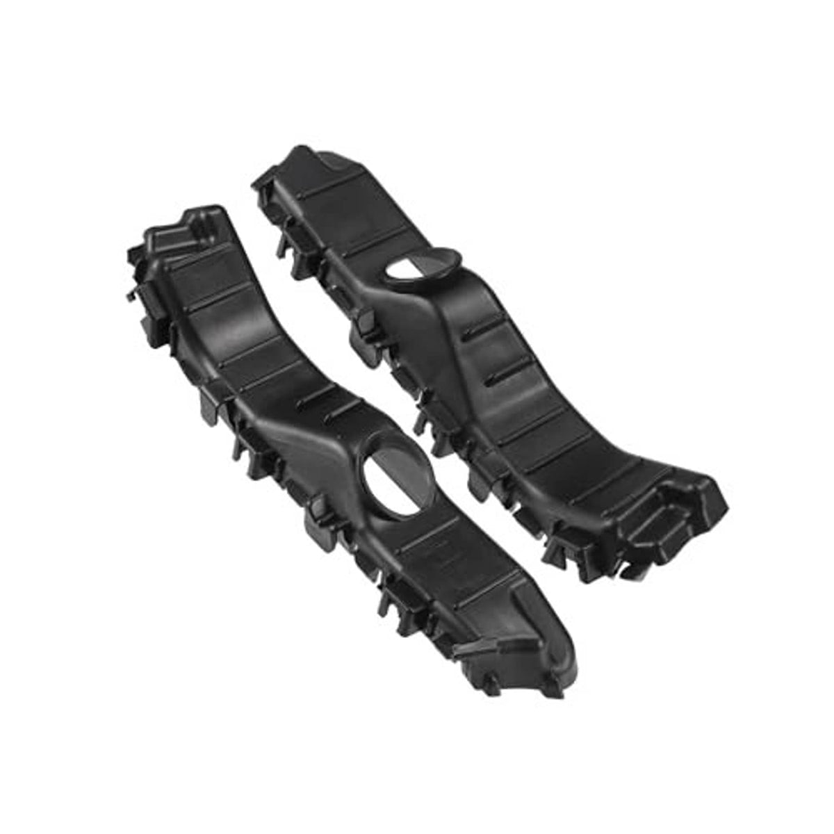Front bumper retainer bracket pair, black plastic with circular mounting holes