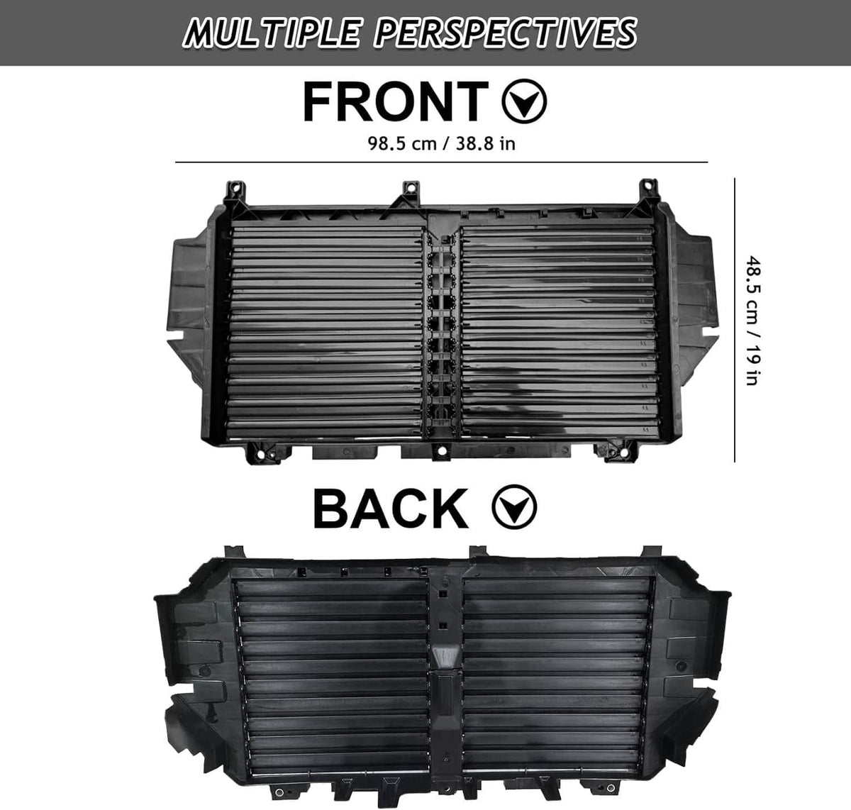 Active air grille shutter louver assembly showing front and back panels, black plastic housing