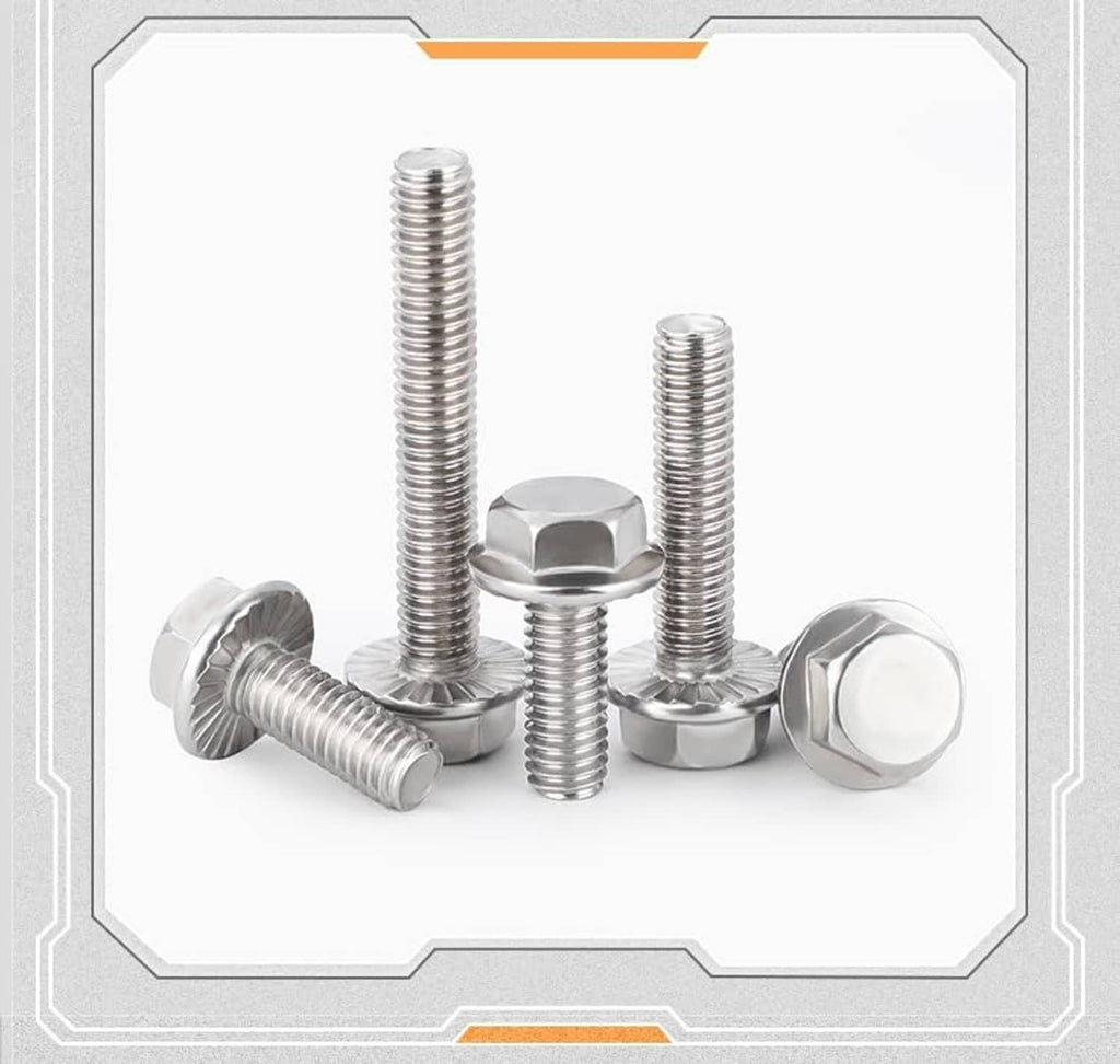 Set of flanged hex head screws with threaded shafts and large hex washers