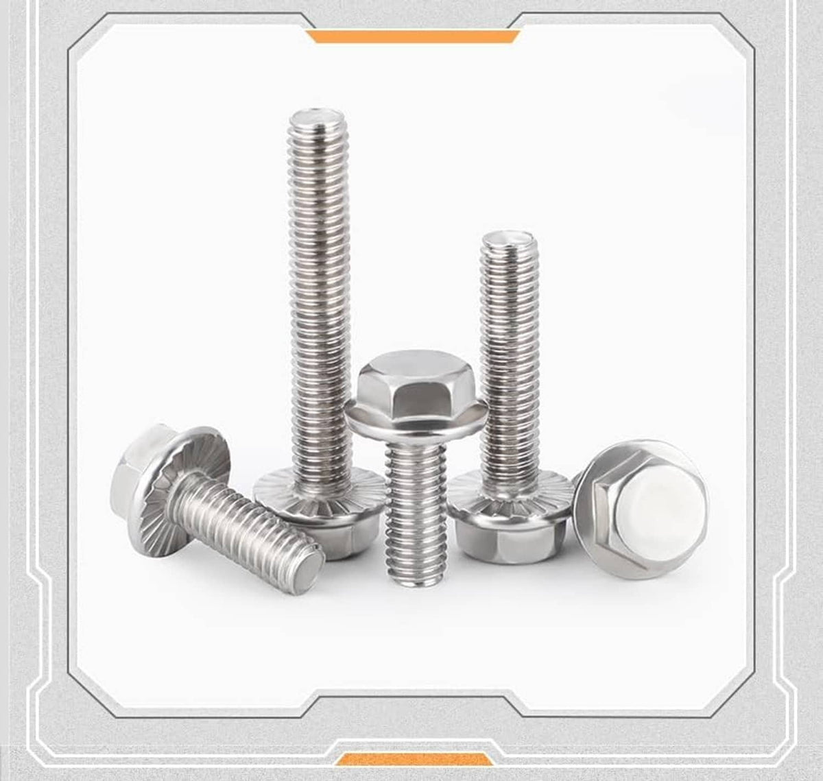 Set of flanged hex head screws with threaded shafts and large hex washers