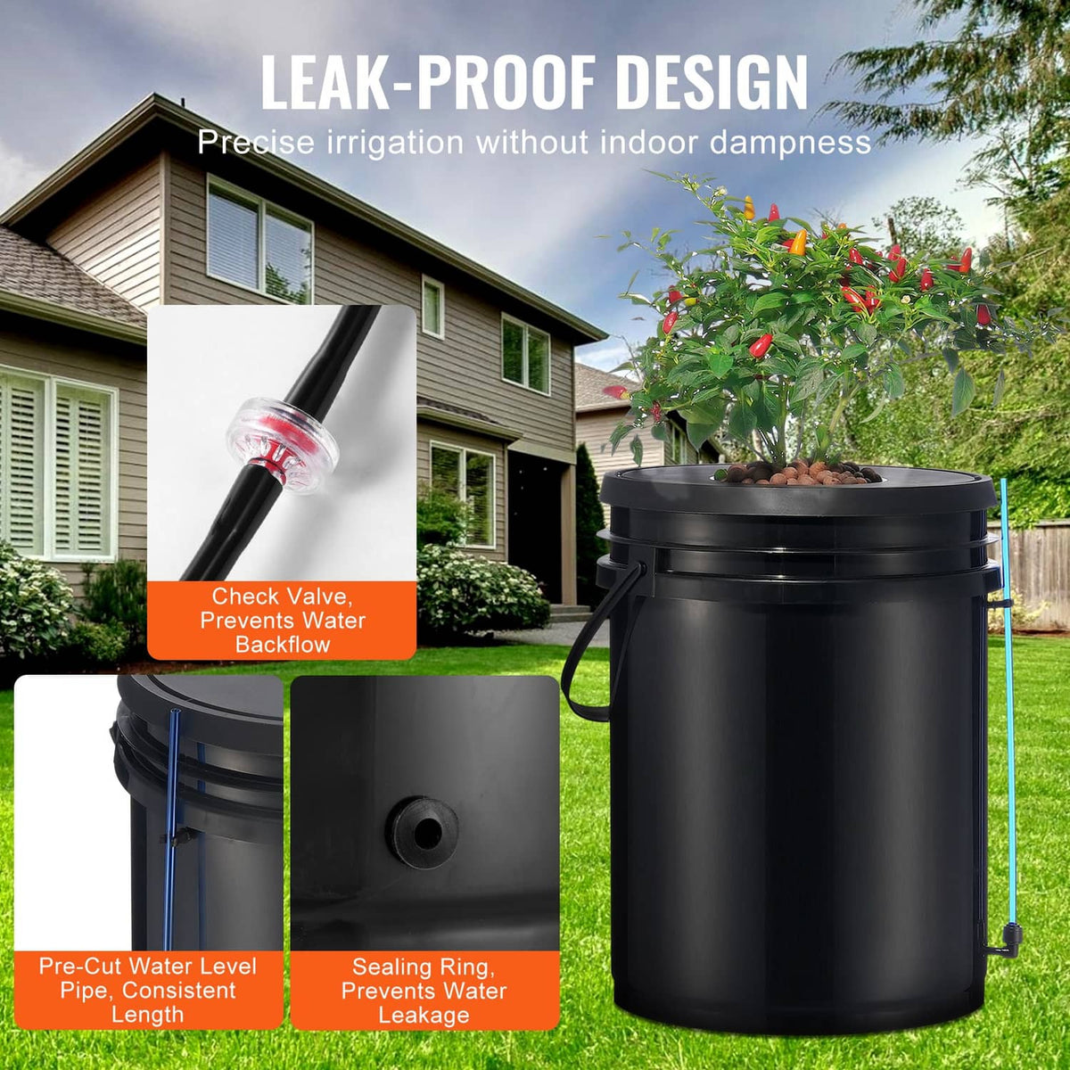 Black hydroponic DWC bucket with irrigation tubing and sealing ring details
