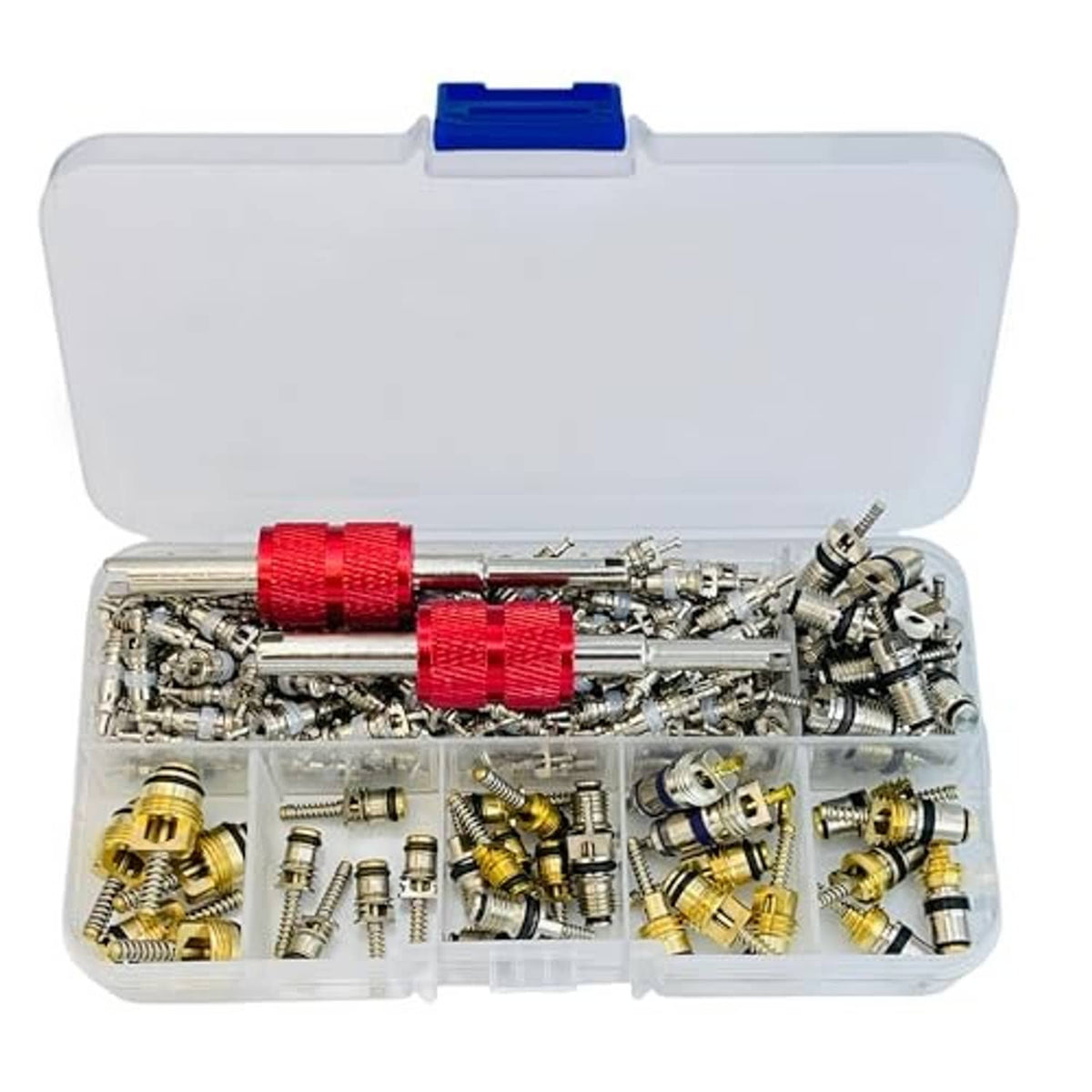 A/C valve core accessories kit with silver tools and brass valve cores in open case