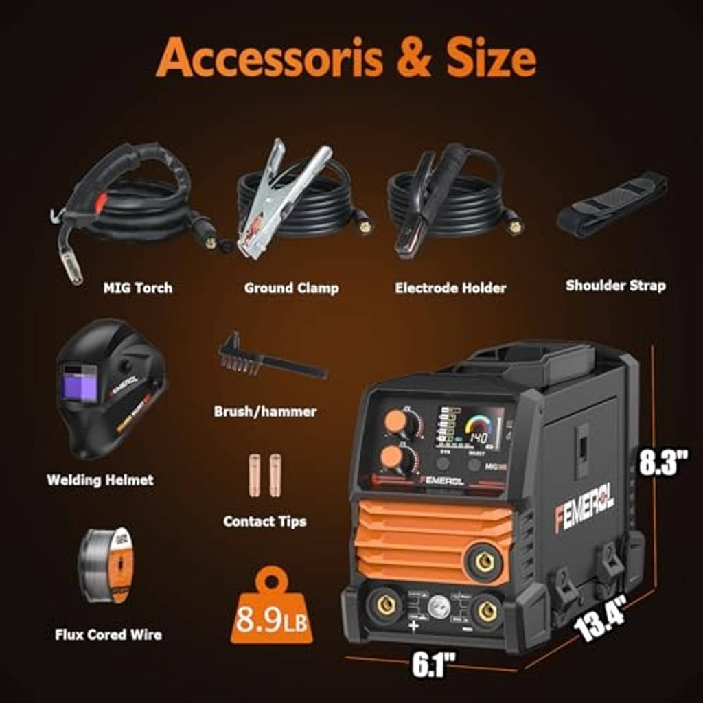 Compact welding machine with included accessories and welding helmet, torch and ground clamp