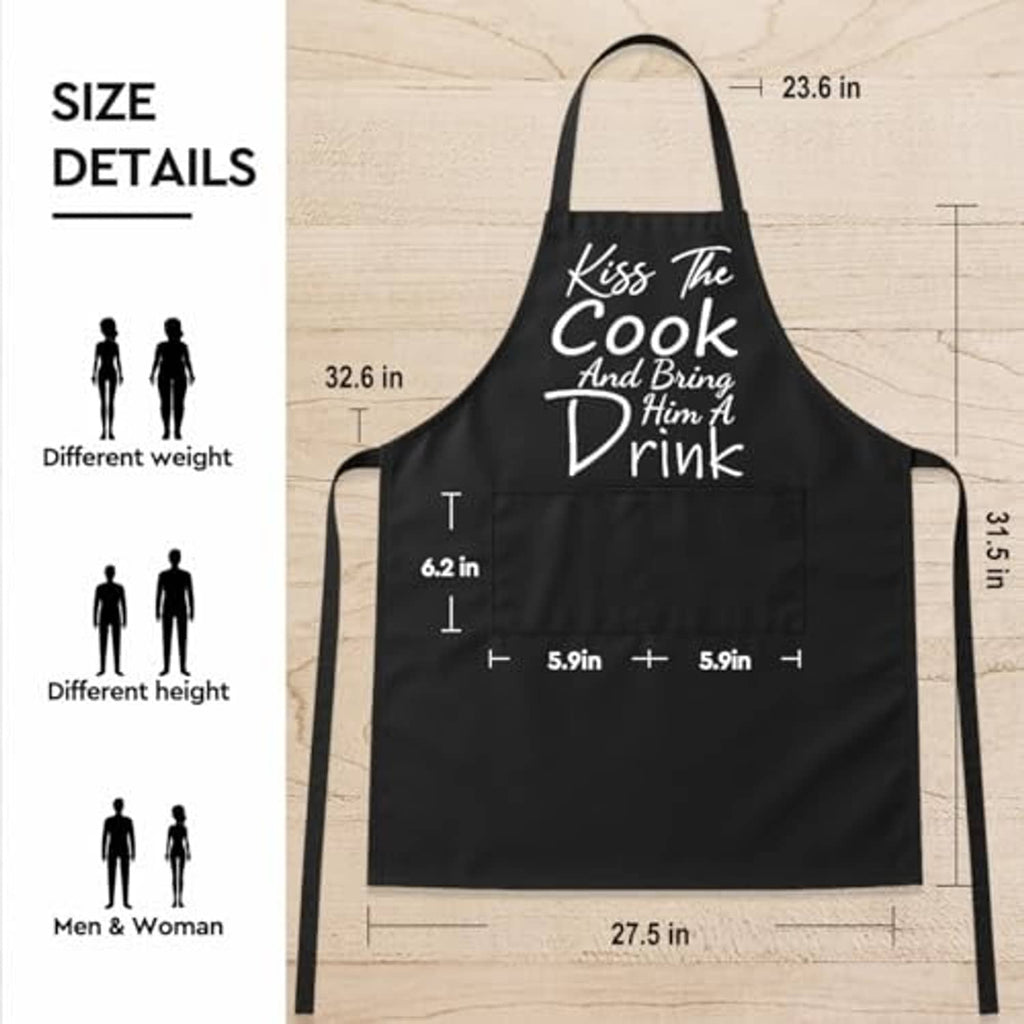 Black cooking apron size diagram with “Kiss The Cook” print and tie straps