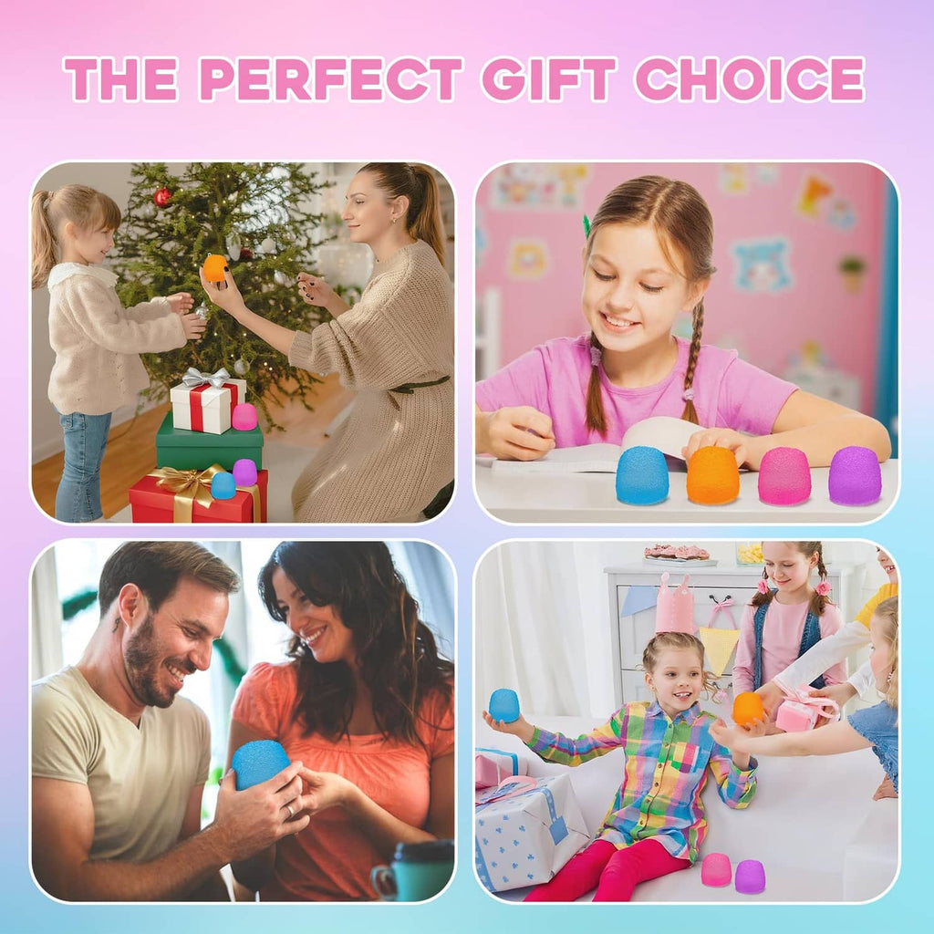 Colorful squishy stress balls in kids' and adults' hands, gift-ready for play