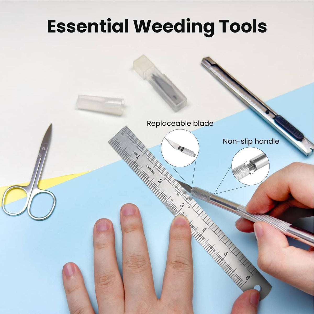 Weeding tools with non-slip handle, metal ruler, and replaceable blade