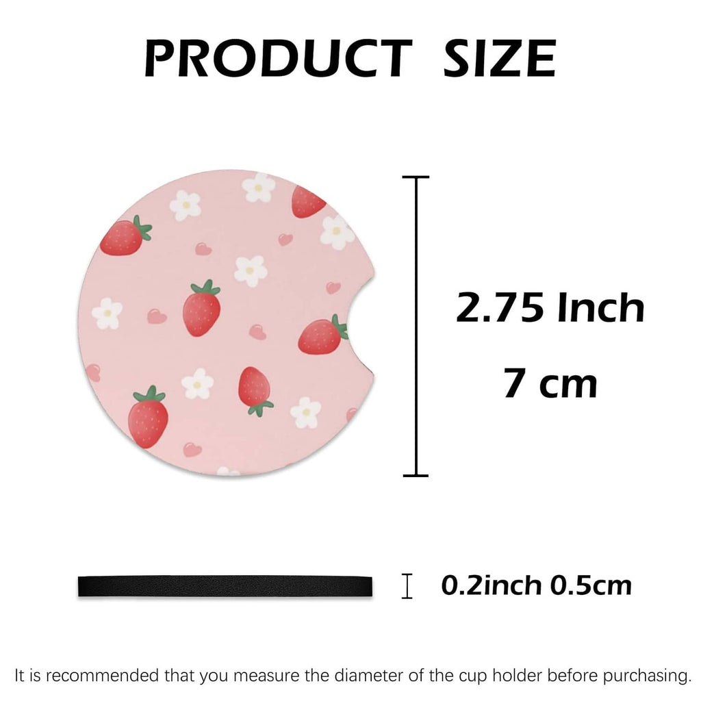 Pink strawberry-pattern round car cup coaster, 2.75 inch diameter