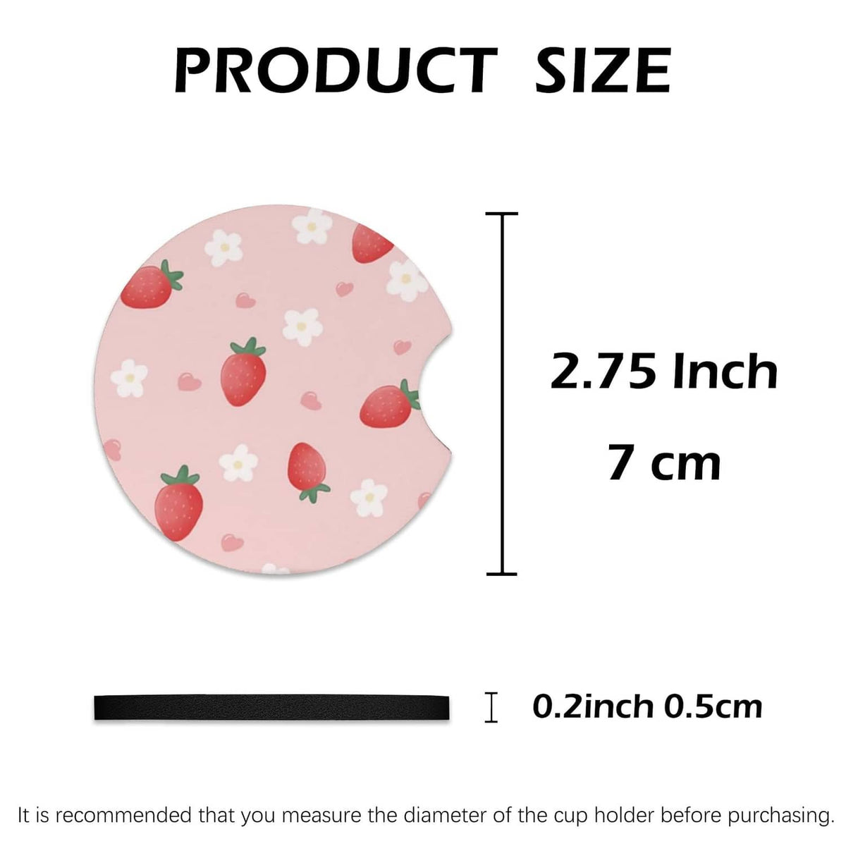 Pink strawberry-pattern round car cup coaster, 2.75 inch diameter