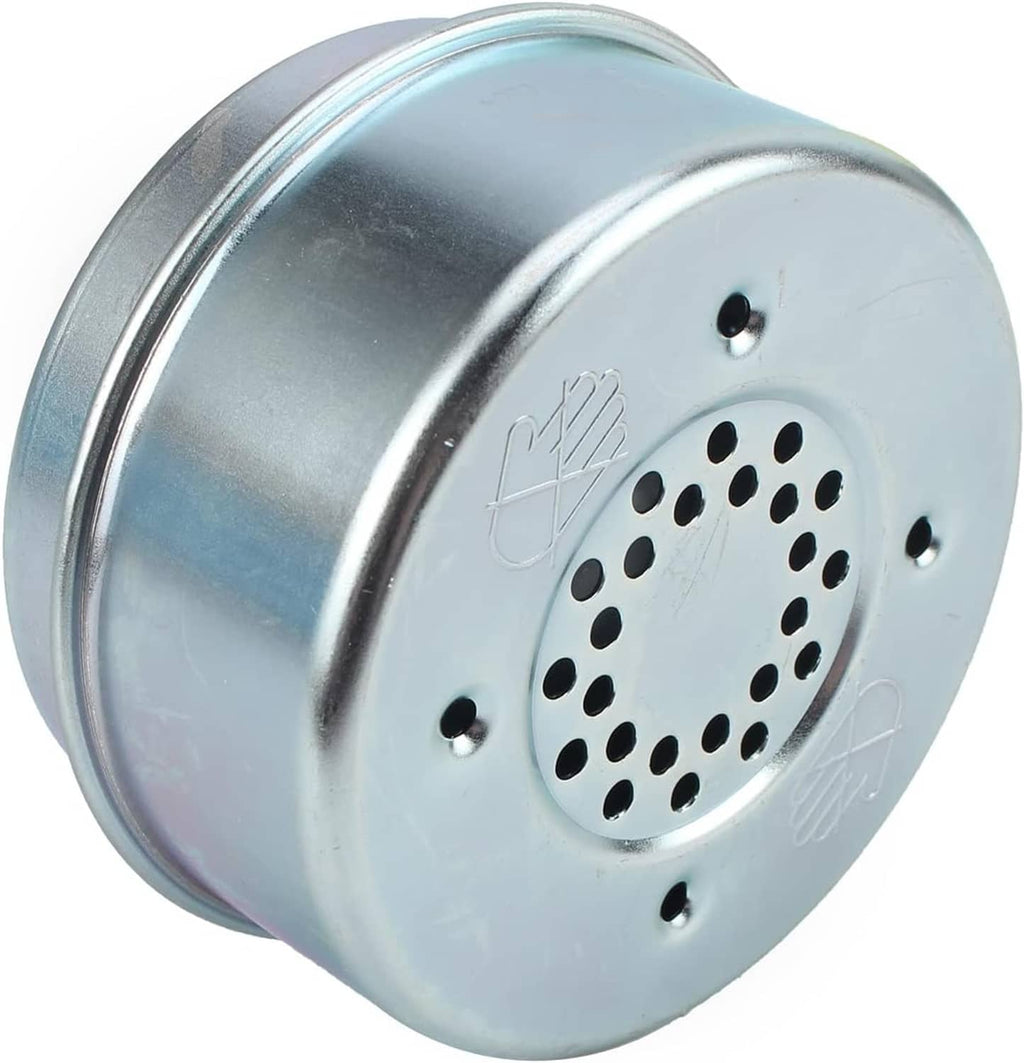 Lawn mower muffler with perforated face plate and threaded outlet