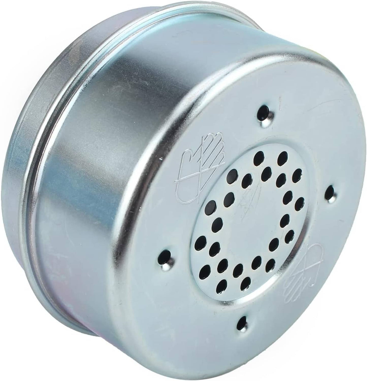 Lawn mower muffler with perforated face plate and threaded outlet