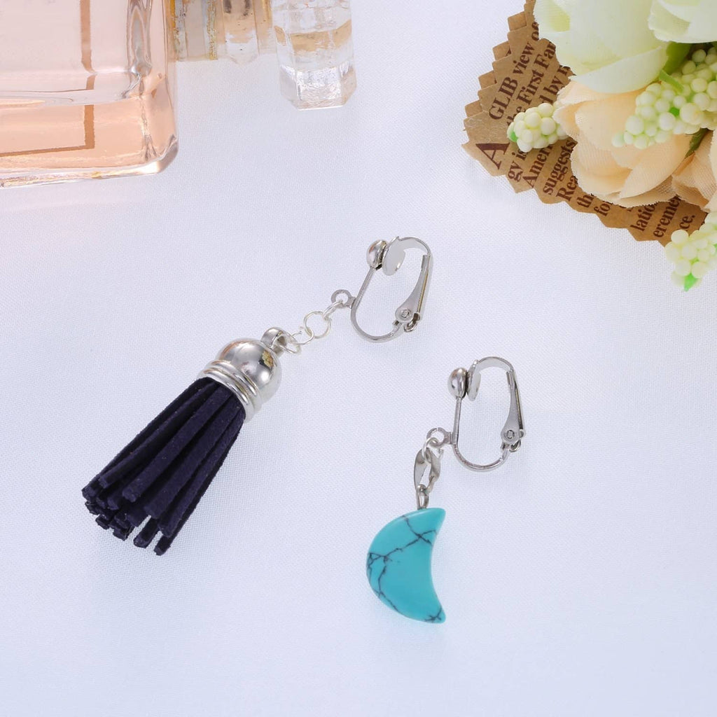 Silver-tone clip-on earrings with black tassel and turquoise teardrop dangle
