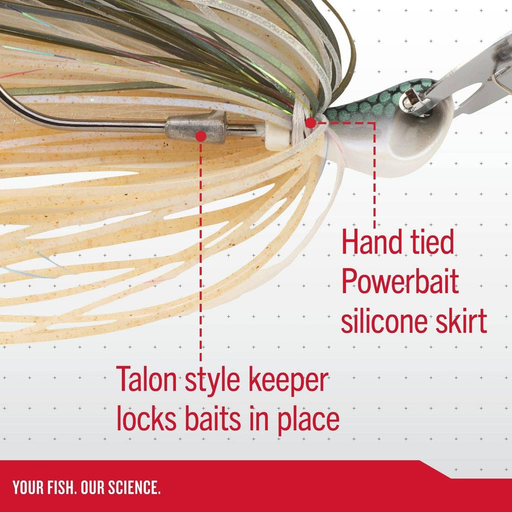 White-and-tan skirt bladed jig with metal blade, hook, and white head