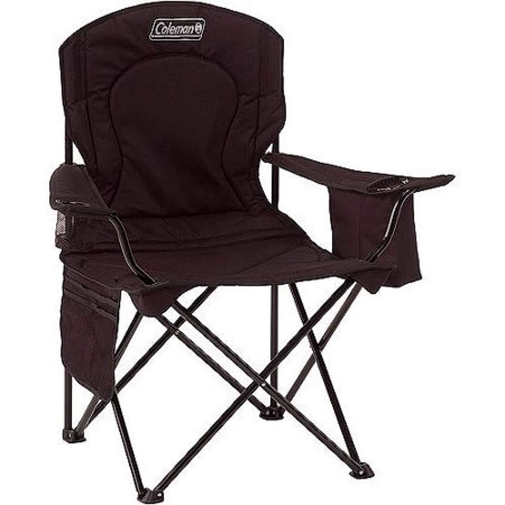 Coleman quad camp chair in dark brown with padded seat and side drink pocket