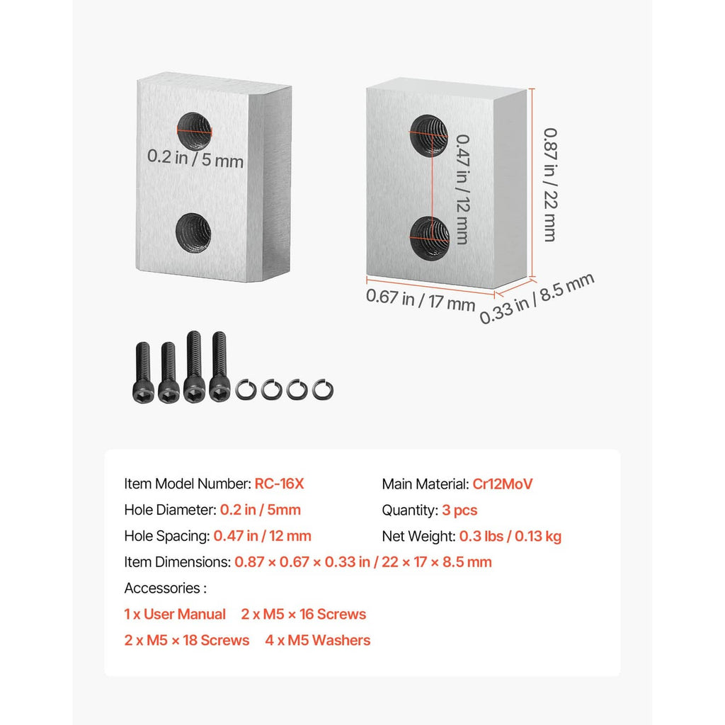 Rebar cutter blade blocks with screws and washers kit, arranged with measurement markers.