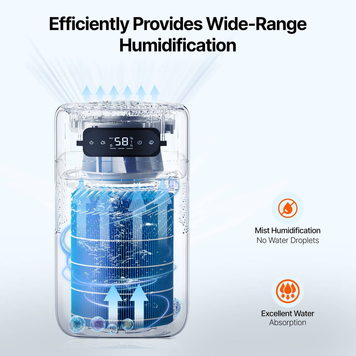 Blue cylindrical humidifier filter cartridge with black rim inside clear unit