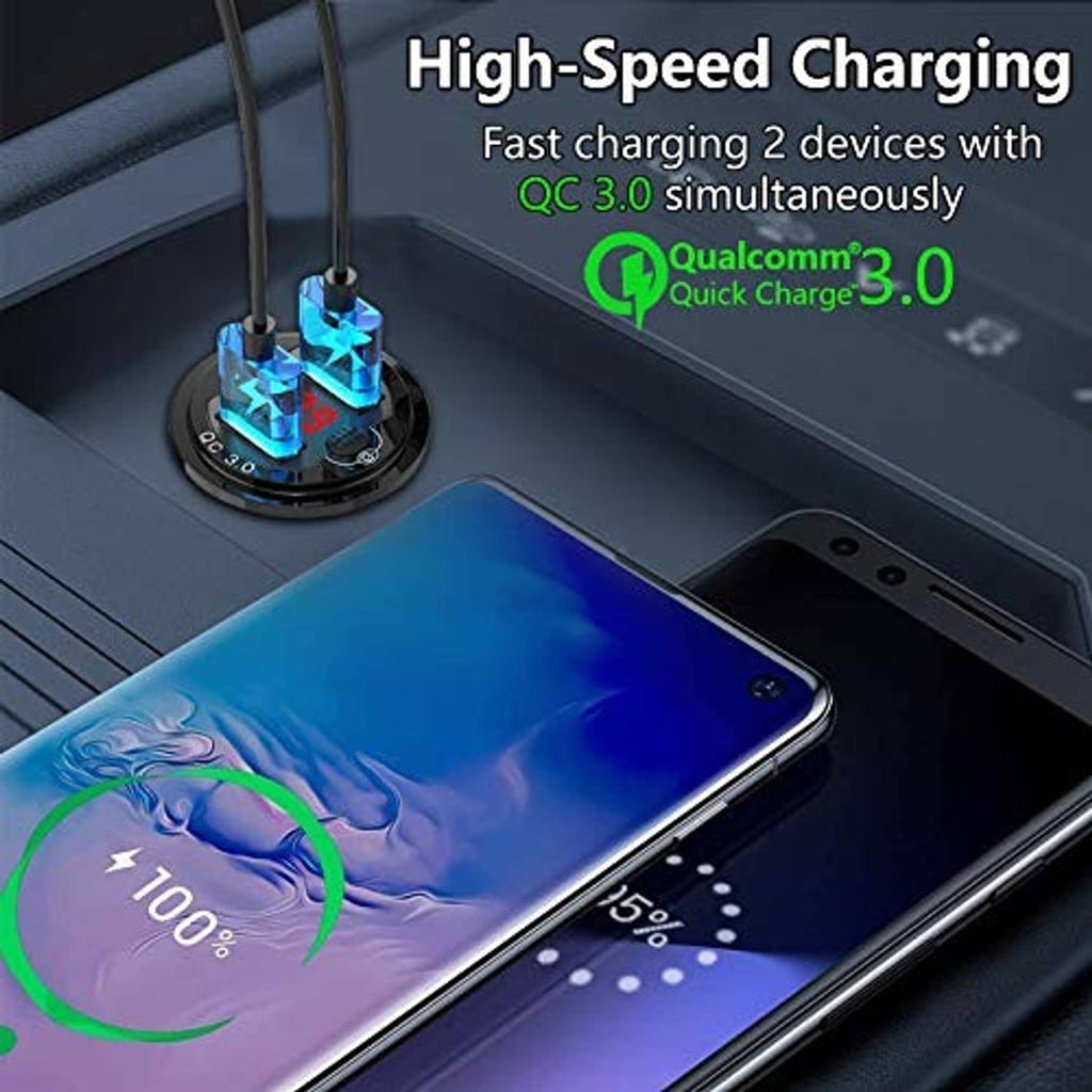 Compact dual USB car charger with QC 3.0 ports and blue USB inserts