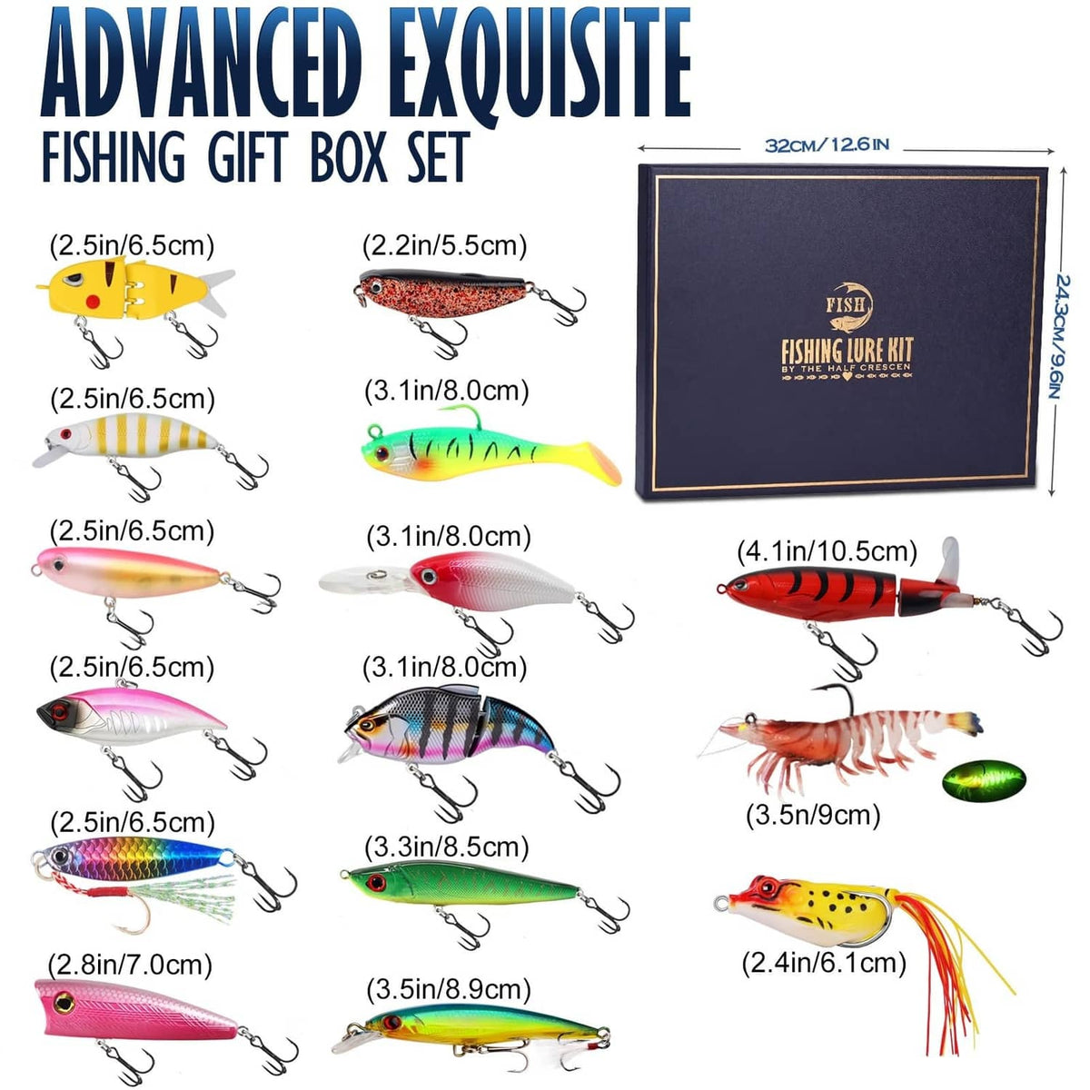 Fishing lures kit size chart with illustrated lures and hook designs