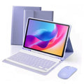 Purple tablet keyboard case with matching wireless mouse and screen stand