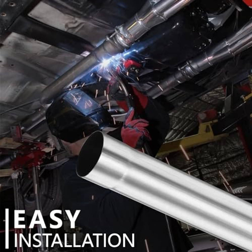 Straight stainless exhaust pipe positioned during installation, round black end visible