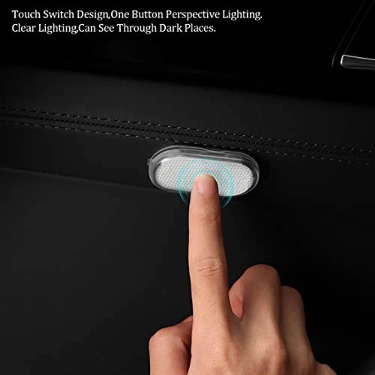 Oval car LED interior touch light with finger pressing the clear lens button