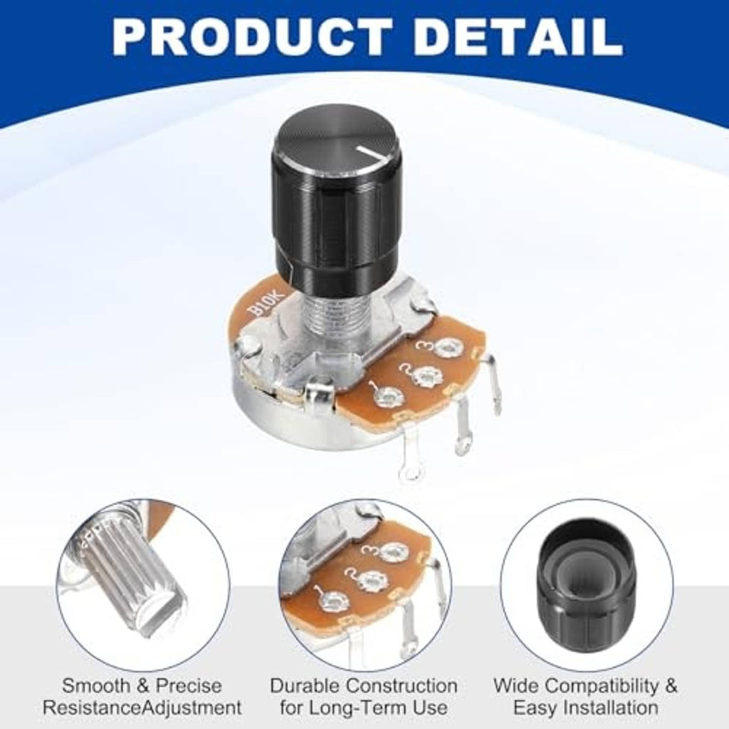 Rotary single-turn potentiometer, black top knob and metal shaft, orange PCB, 3 pins
