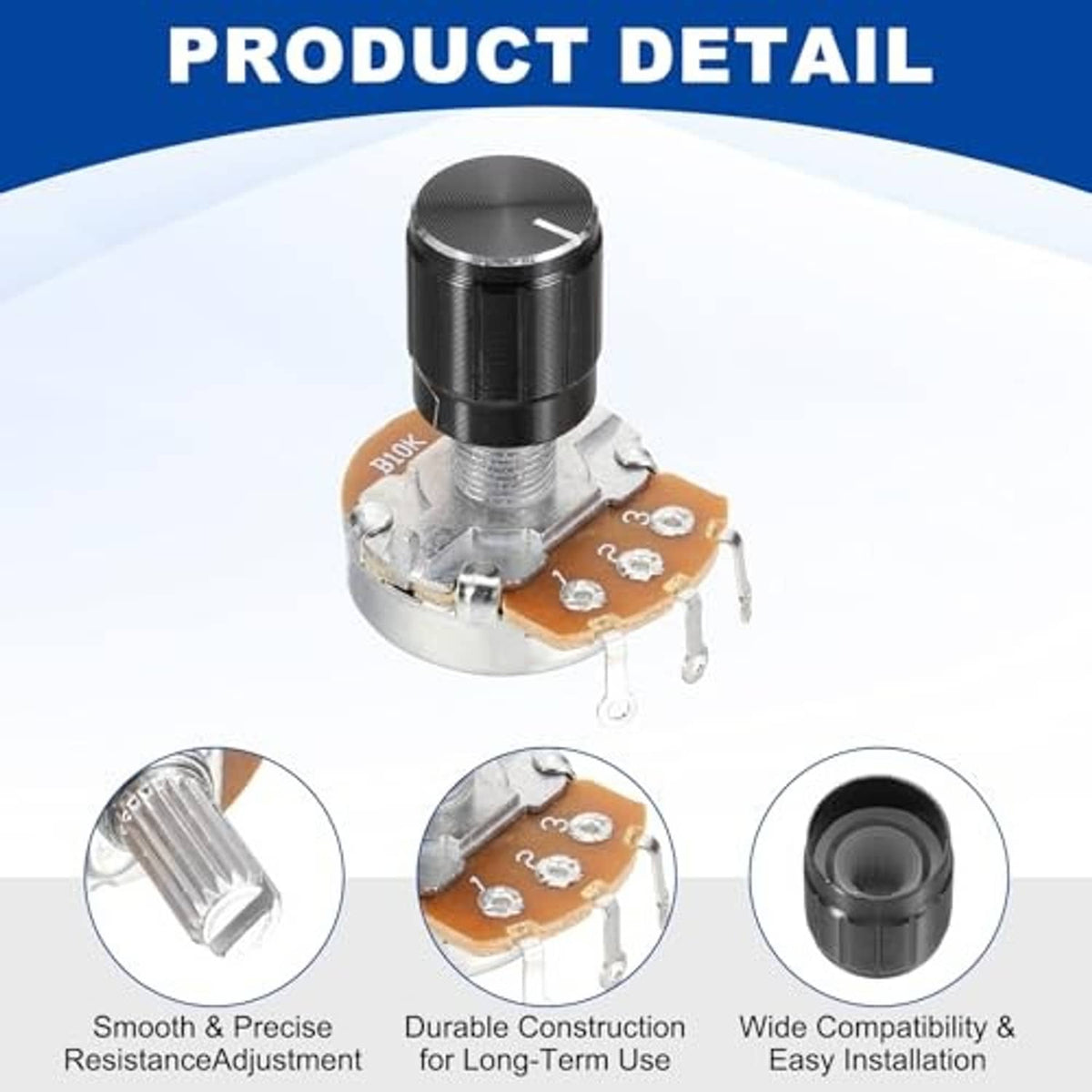 Rotary single-turn potentiometer, black top knob and metal shaft, orange PCB, 3 pins