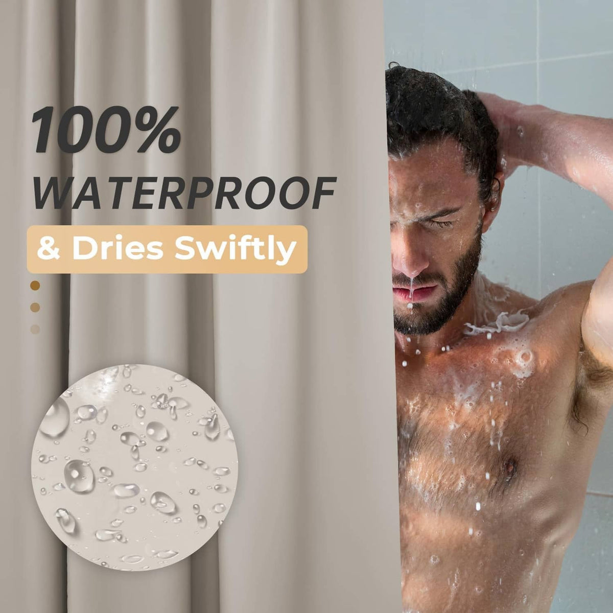 Tan waterproof shower curtain liner with water droplets on fabric surface