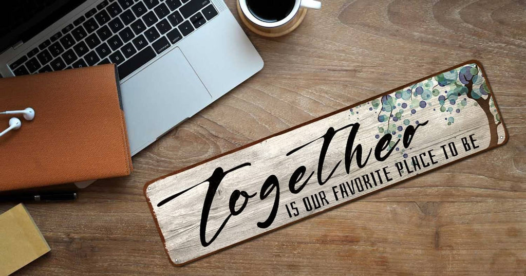 Rectangular wooden wall art sign with “Together” script and blue-green dotted design.