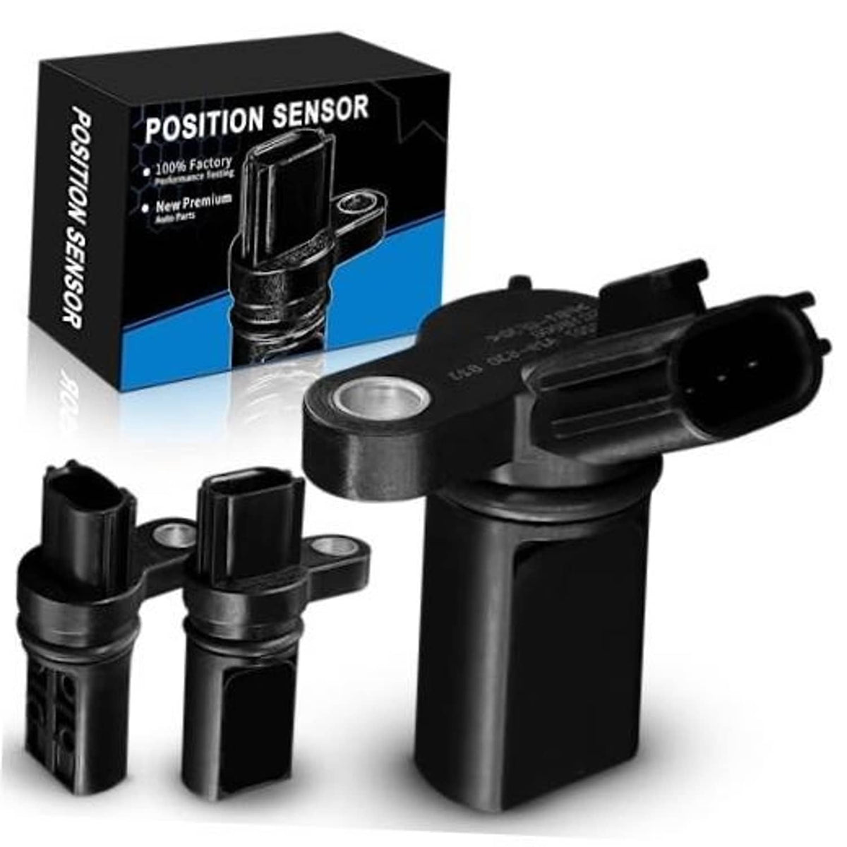 Camshaft position sensor with black housing, mounting tab, and two small connector pieces
