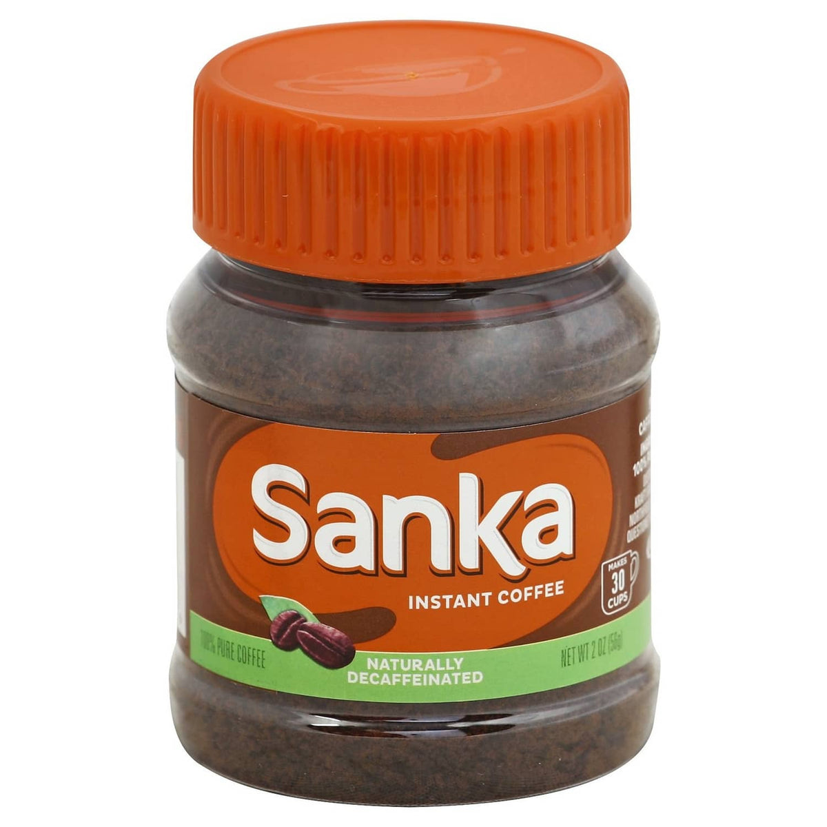 Sanka instant coffee jar with orange lid, brown granules, naturally decaffeinated label