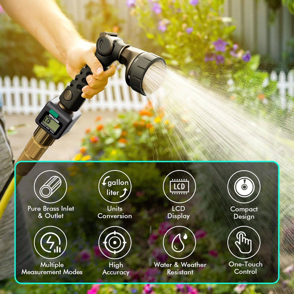 Water flow meter on garden hose with brass threaded inlet and green control button
