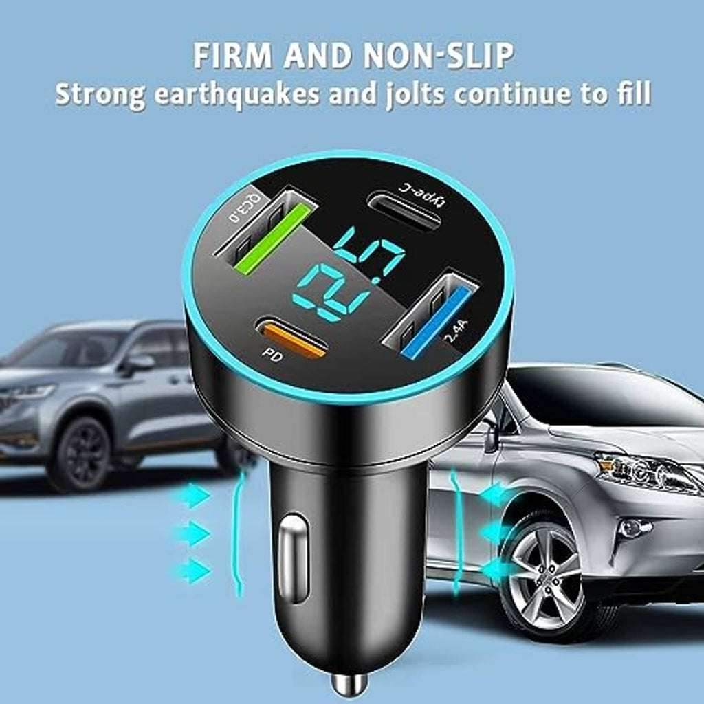 Black 4-port fast car charger with blue LED voltmeter display for secure car use