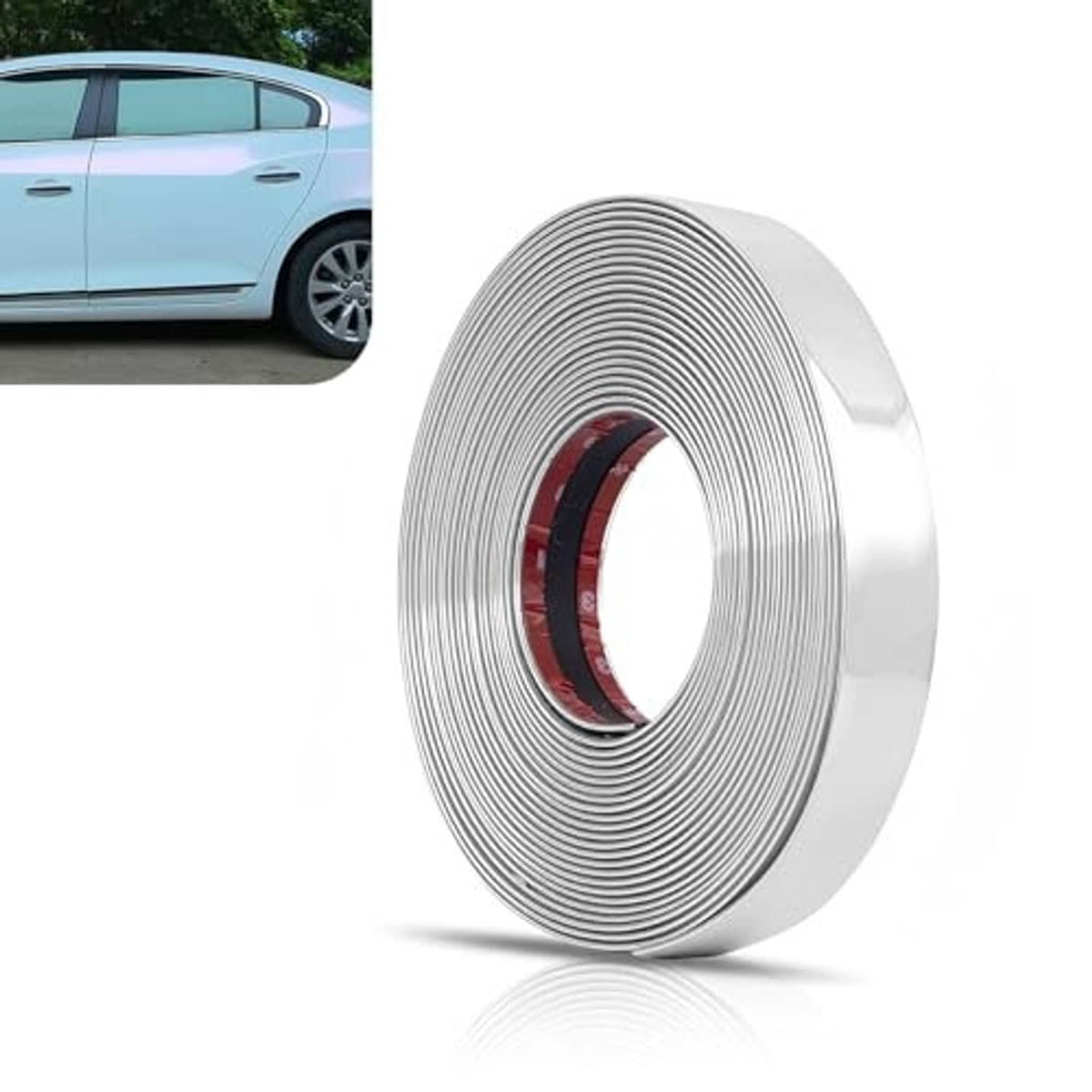 Chrome car side molding trim roll with ridged strip and red inner backing