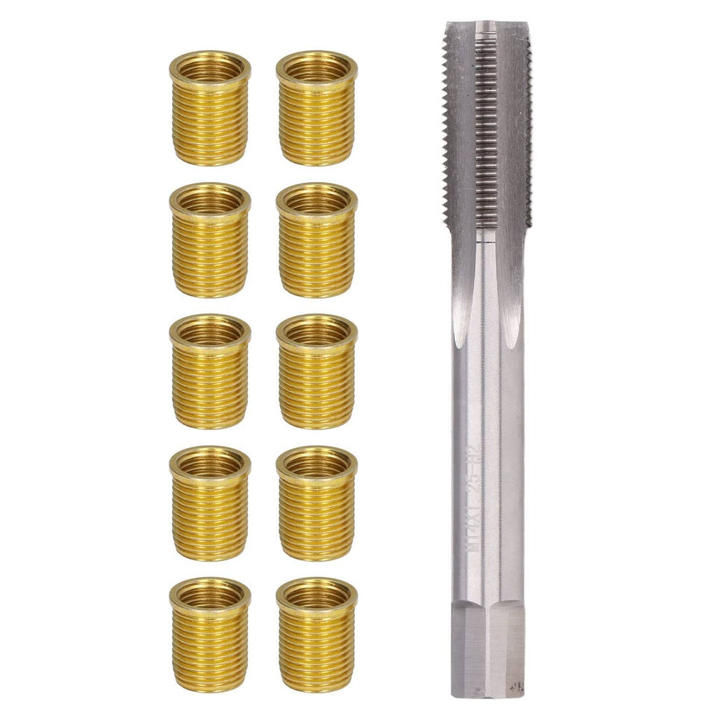 Pack of gold Helicoil-style threaded inserts with silver tap tool