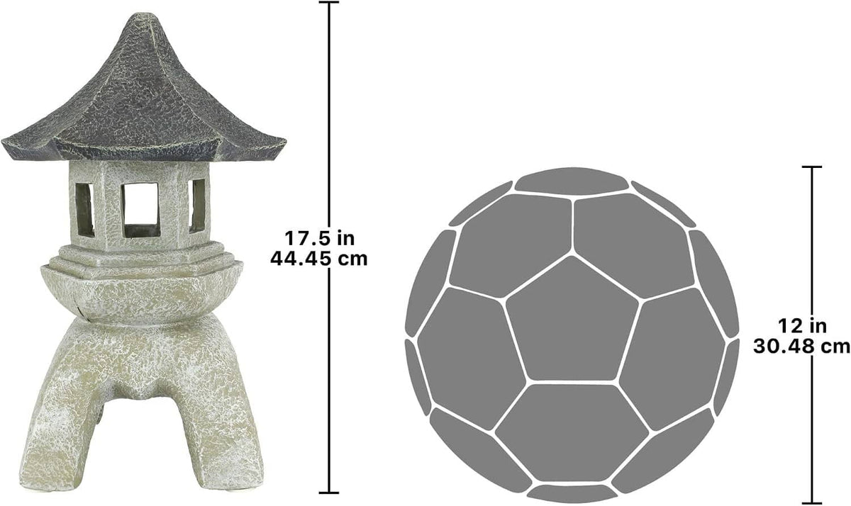 Two large cast stone pagoda lantern statues with size diagram and circular measurement graphic